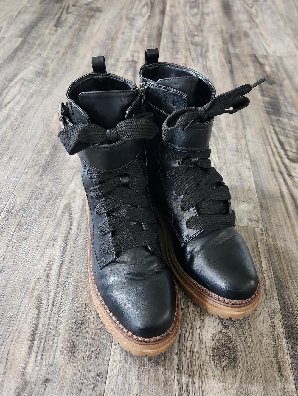 Sam & Libby Black Lace-Up Side Zip Combat Boots Lug Sole Rhinestone Buckle
